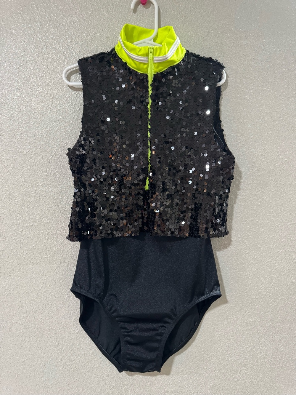 Weissman Black Sequin Dance Leotard with Neon Yellow Collar